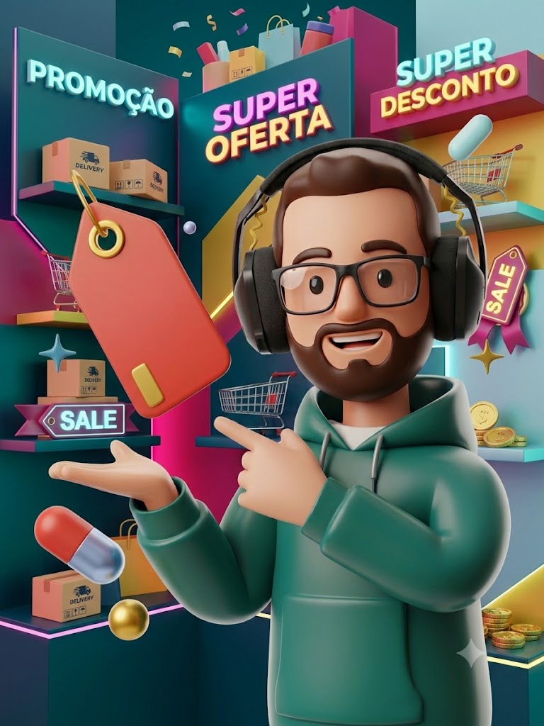 Mascote do achadin-bot cercado de promoções e super descontos